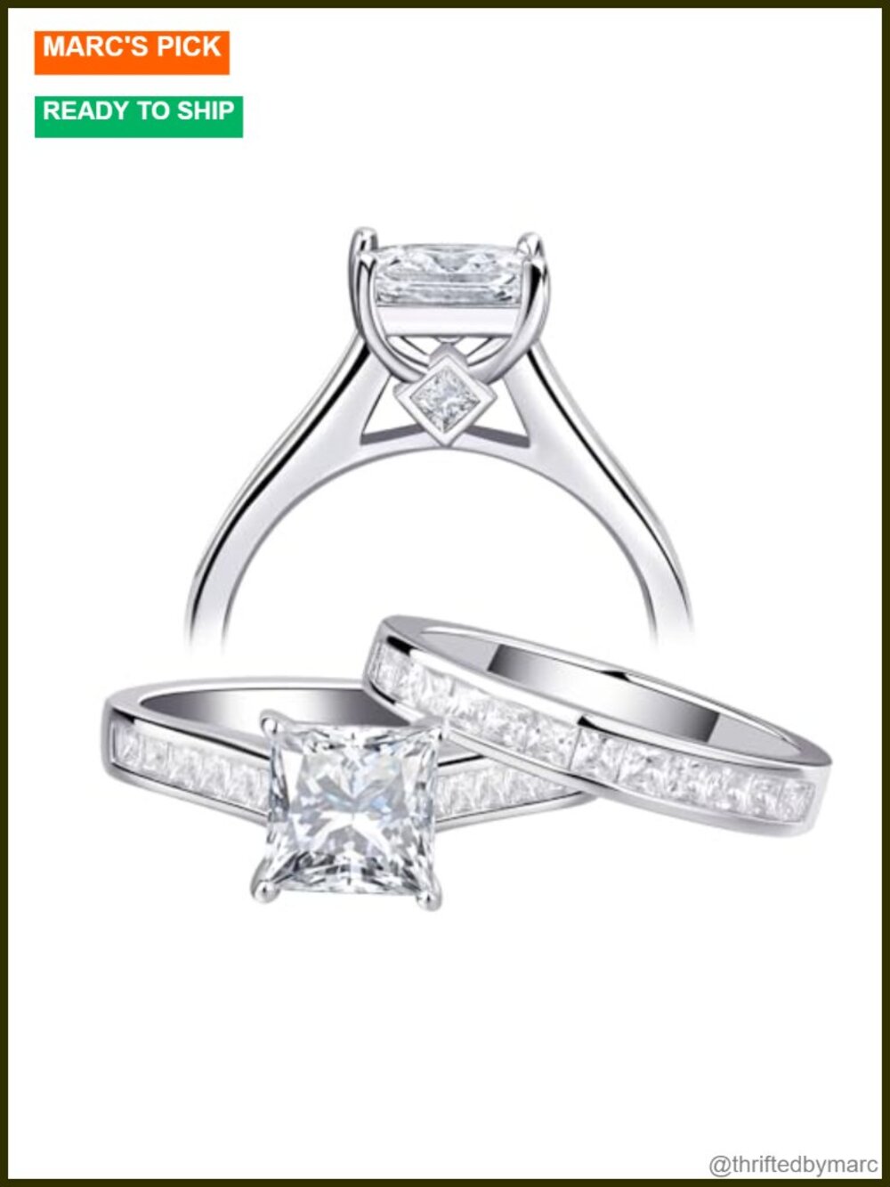 Solitaire Wedding Ring Set Princess Cut 5A Cubic Zirconia White Gold Silver